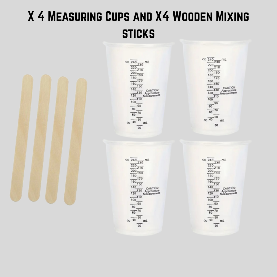 Epoxy or Resinite Reusable mixing measuring set - x4 reusable measuring cups - x4 Wooden Mixing sticks