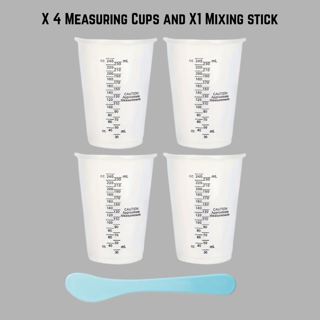 Epoxy or Resinite Reusable mixing measuring set - x4 reusable measuring cups - x1 assorted color plastic measuring sticks