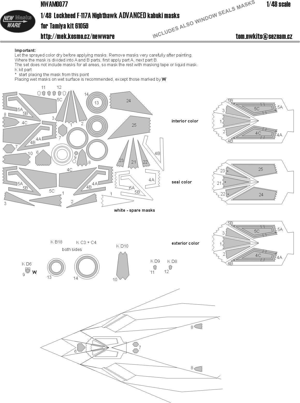 New Ware 0077 - Masking set for Tamiya 1/48 F-117A Nighthawk ADVANCED
