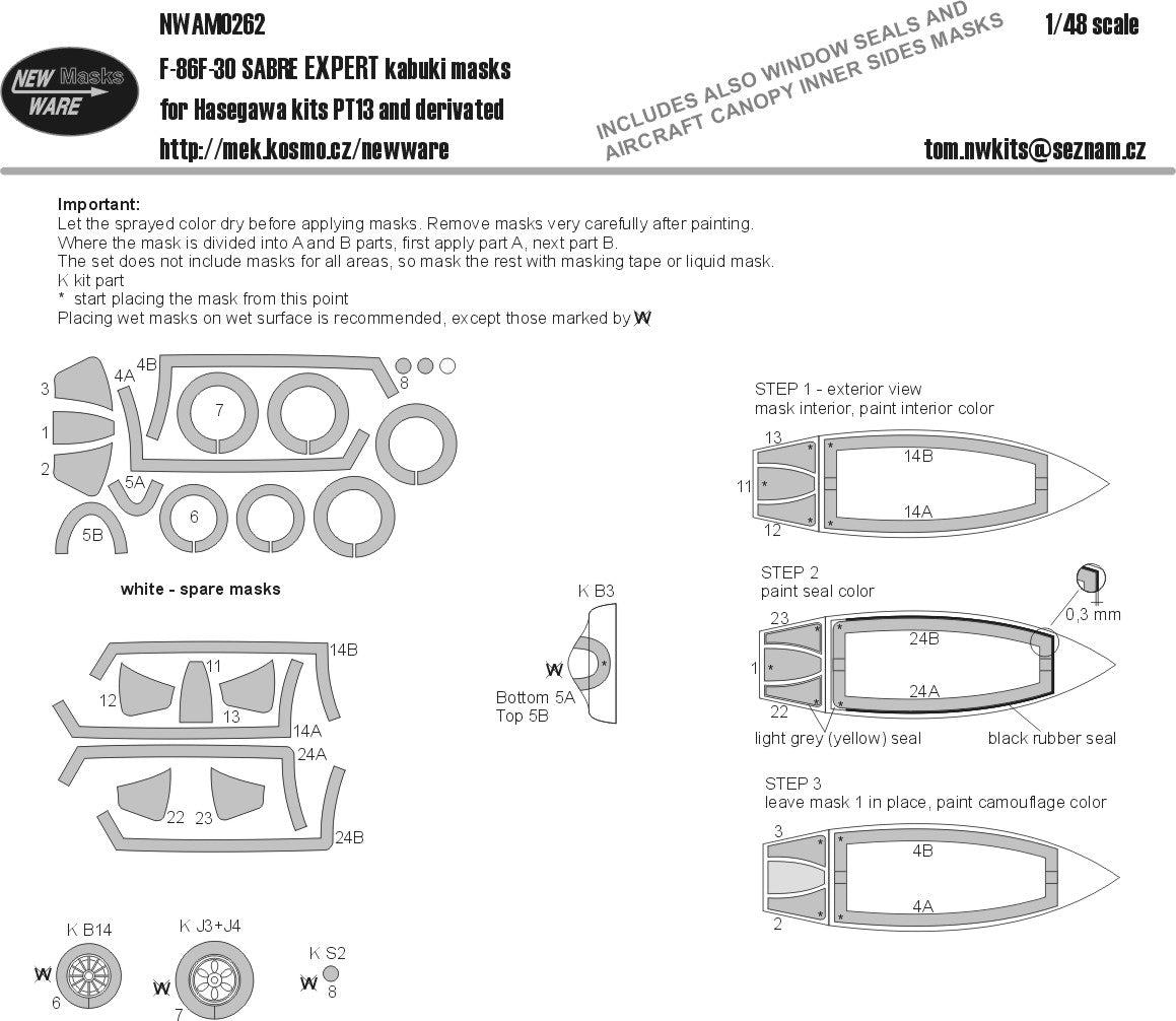 New Ware 0262 - Masking set for Hasegawa 1/48 F-86F-30 Sabre EXPERT