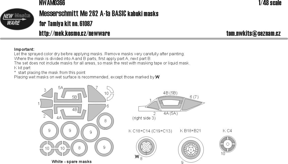 New Ware 0366 - Masking set for Tamiya 1/48 Messerschmitt Me 262 A-1a BASIC