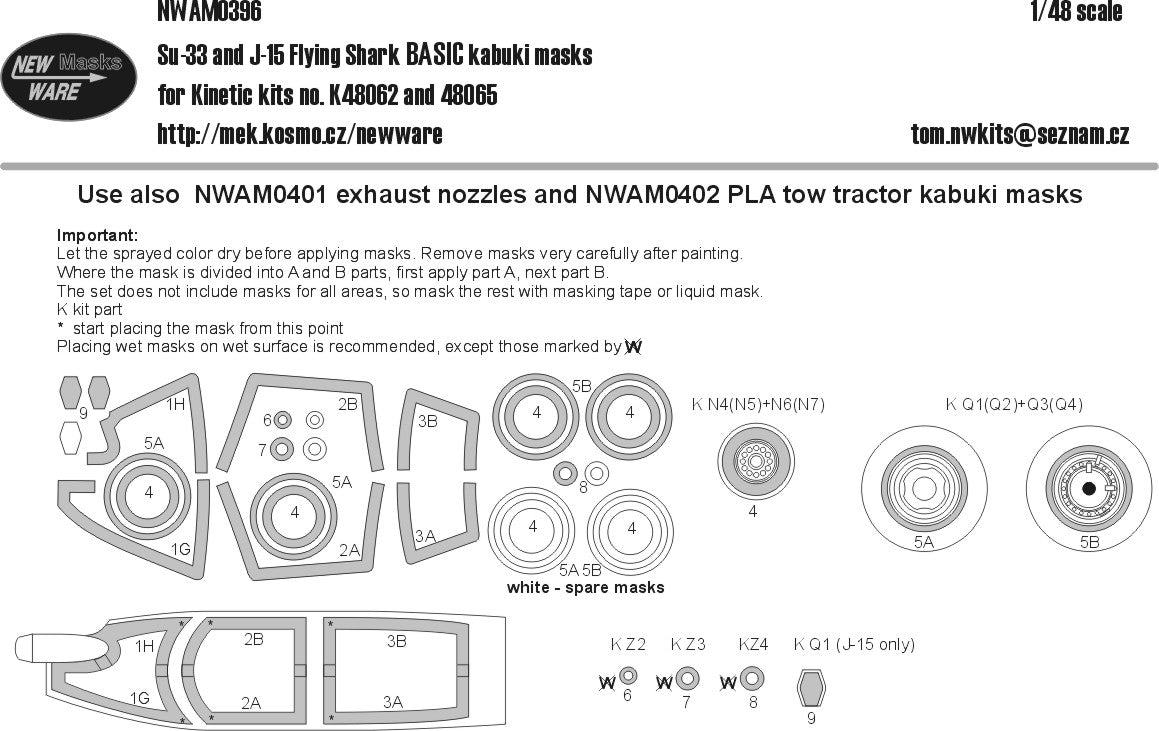 New Ware 0396 - Masking set for Kinetic Model Kits 1/48 Su-33 and J-15 Flying Shark BASIC