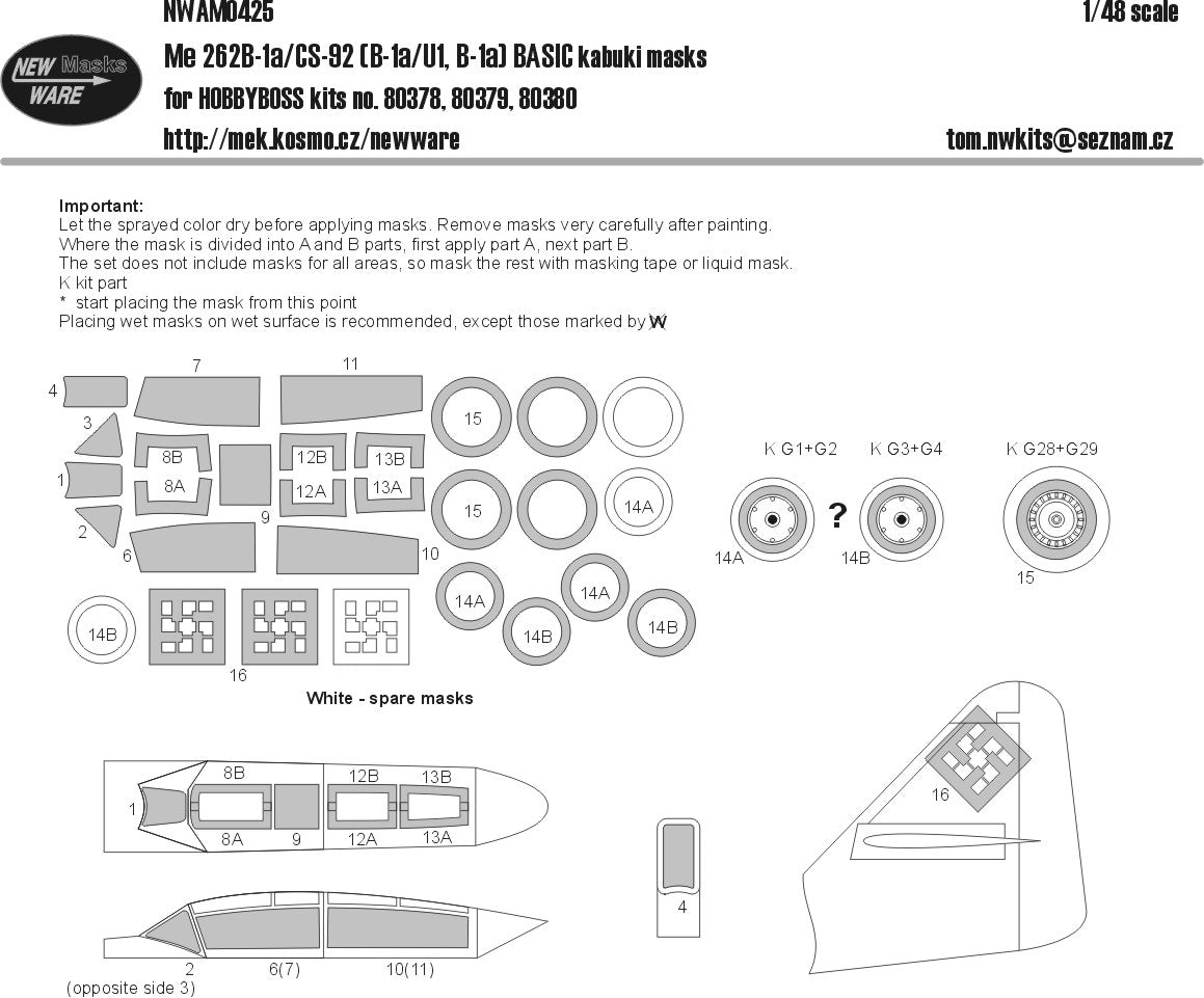 New Ware 0425 - Masking set for Hobbyboss 1/48 Me-262 B-1a/CS-92(B-1a/U1, B-1a) BASIC