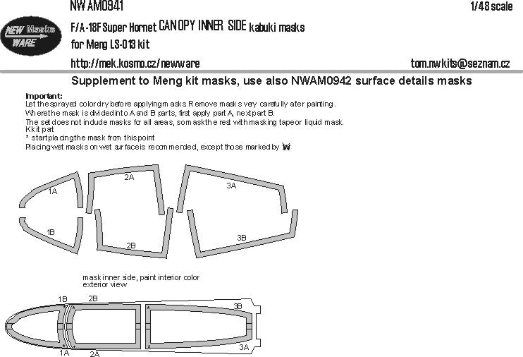 New Ware 0941 - Masking set for Meng 1/48 F-A-18F Super hornet CANOPY INNER SIDE