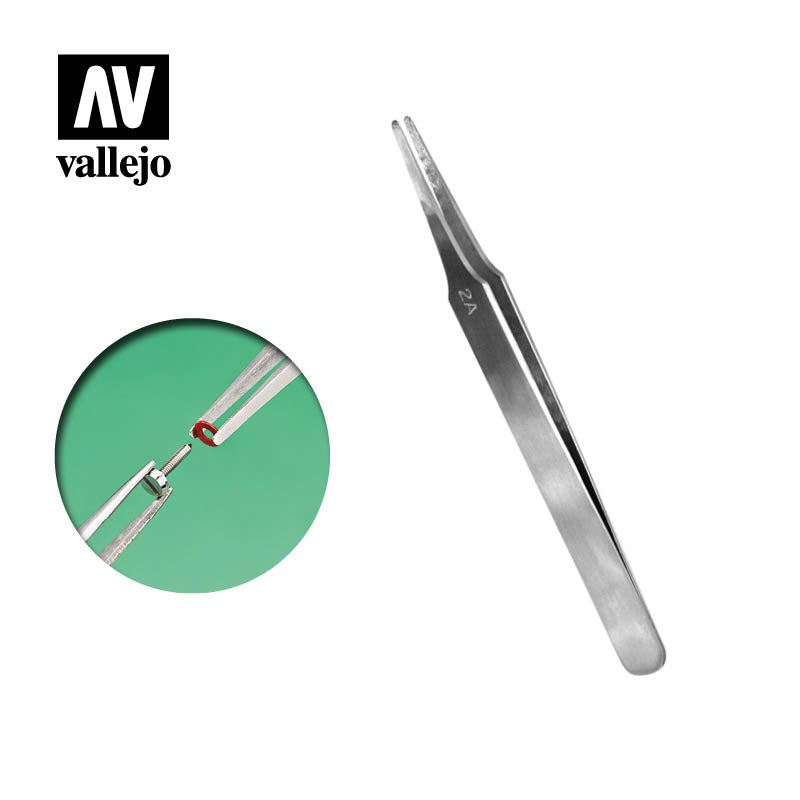 T12007 - Flat Rounded Stainless Steel Tweezers - Vallejo Tools